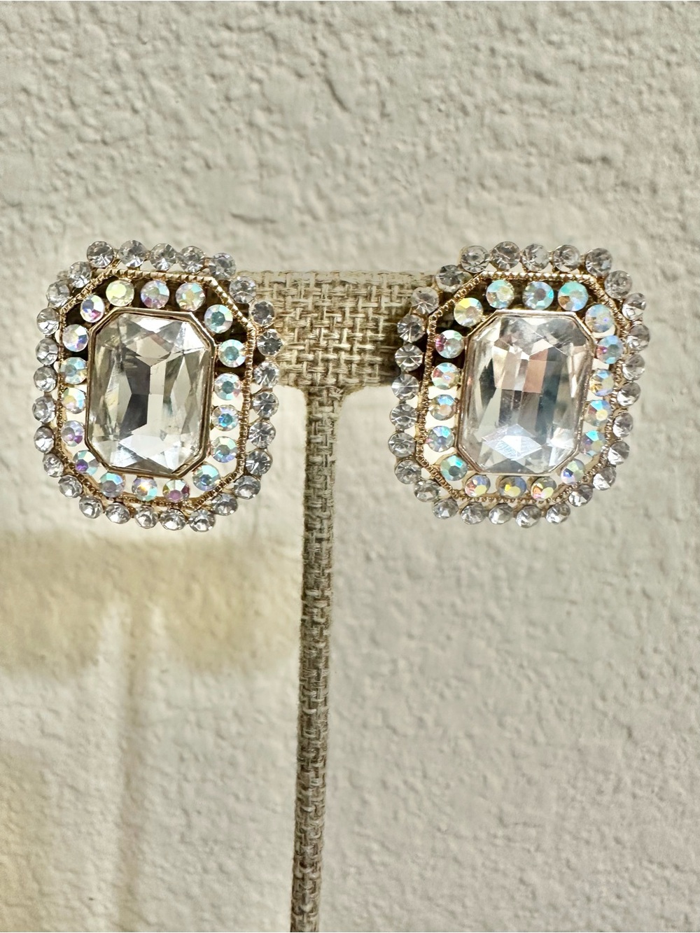 Gold Tone Crystal Halo Square Statement Earrings - Clear & AB